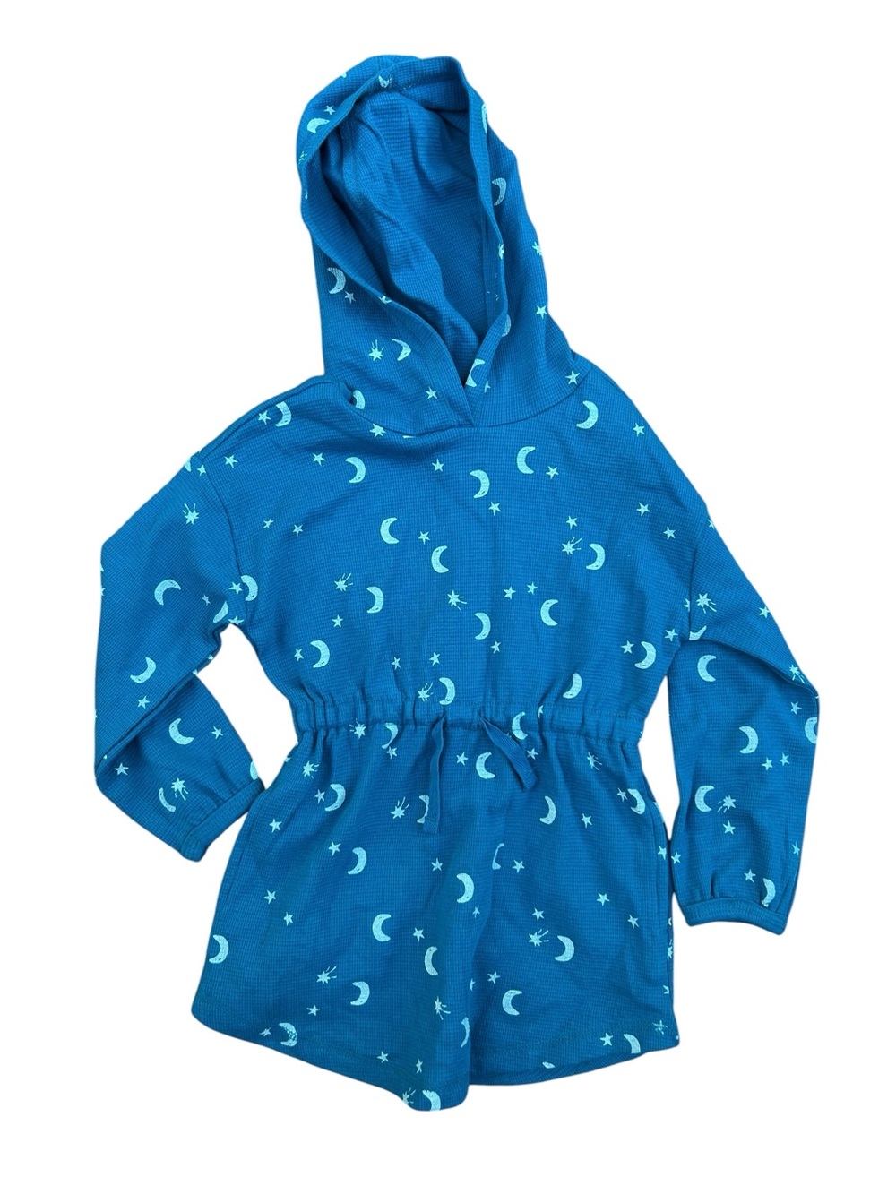 Hanna Andersson Blue Teal Moon Star Waffle Tunic Dress With Hood NWOT 4 Years